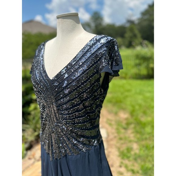 J Kara Gown Maxi Dress Sequin Beaded V Neck V Back Flutter Sleeve A-Line Blue 16 - Picture 4 of 16